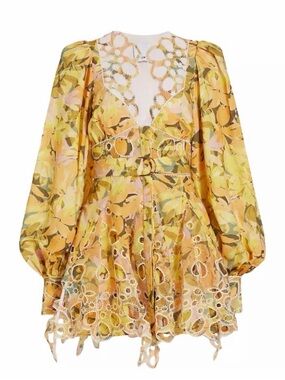 Acler Arnoult Yellow Floral Eyelet Mini Dress with Belt